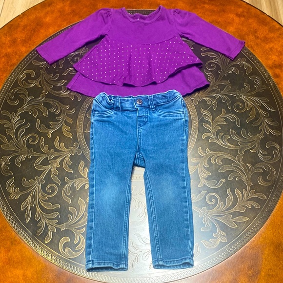 Girls Bundle Jeans, 2 Blouses Jumpsuit Long Sleeve Thermal Top All 12-18 Months - Picture 4 of 14